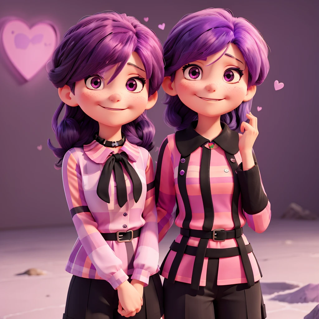 One with purple hair, a happy face and making a heart with your hands, cold-weather blouse with black collar with pink stripes, and black pants with pink stripes.
