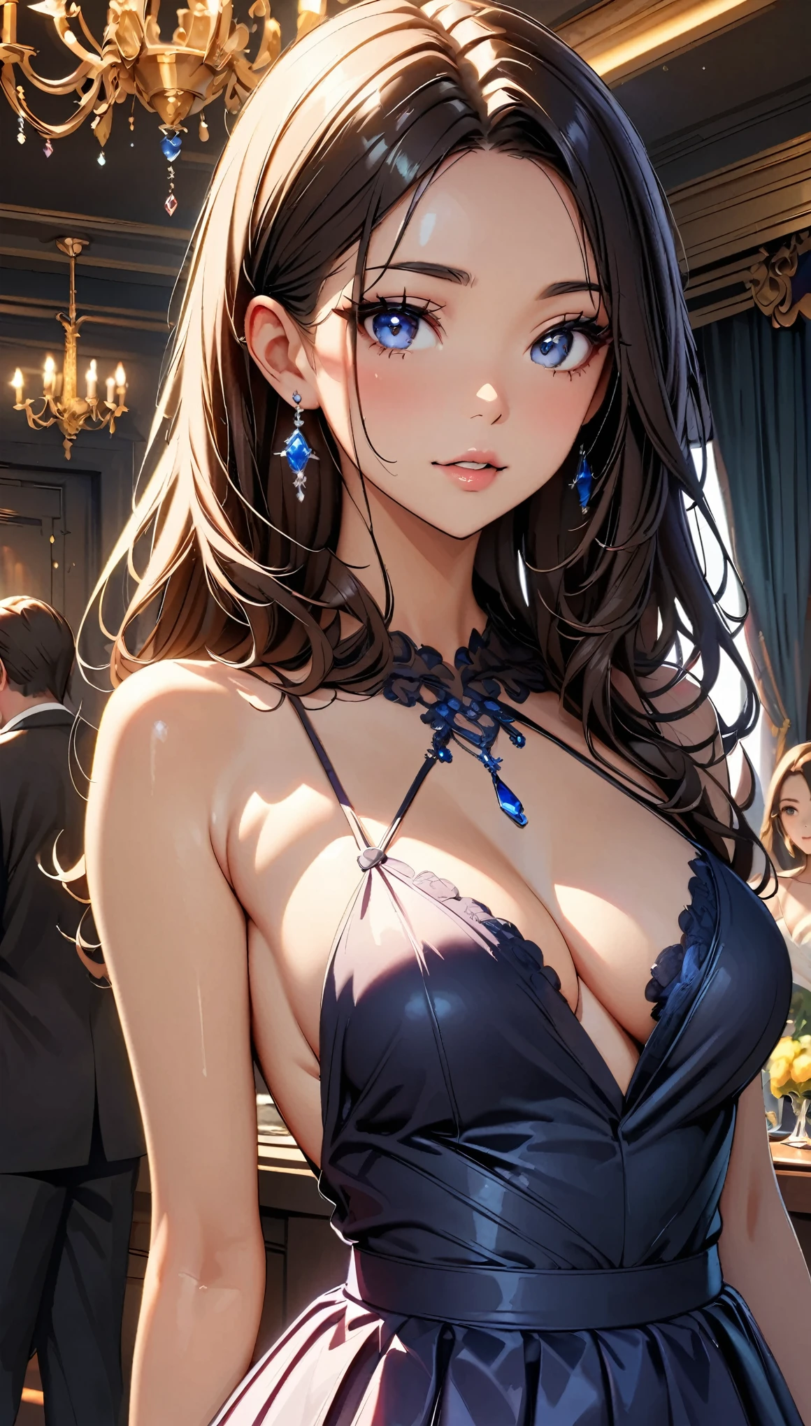 (Highest quality:1.2, High Detail, masterpiece:1.2, Best aesthetics), (1 girl), Beautiful woman, long formal evening dresses, Beautiful detailed eyes, Beautiful detailed lips, Highly detailed face, Detailed Fashion, elegant, luxury, High quality fabric, Shine, Shine, Party Room, chandelier, luxuryな内装の部屋, Dramatic lighting, Cinematic, Bright colors, Intricate details, Chiaroscuro lighting.