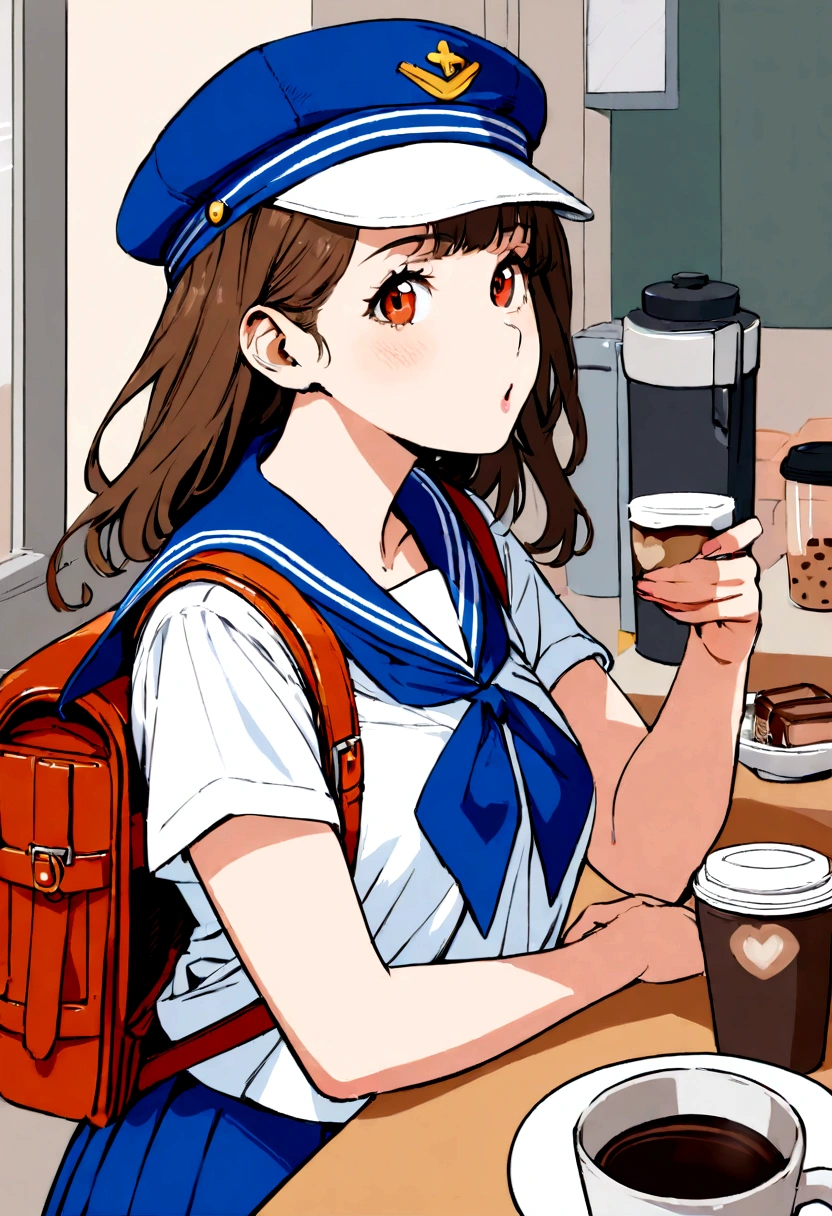 Girl in sailor suit, Cap and backpack, Buy coffee in the cafeteria,