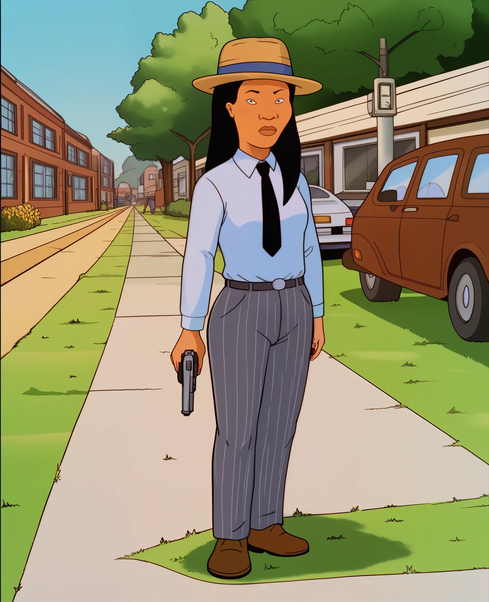 zPDXL, zPDXLxxx, score_9, score_8_up, score_7_up, score_6_up, score_5_up, score_4_up, BREAK connie_souphanousinphone, solo, 1girl, pinstripe suit, black striped fedora hat, pinstripe dress pants, black tie, full body, long hair, white shirt, standing, , outdoors, grass, street, neighborhood, holding a pistol