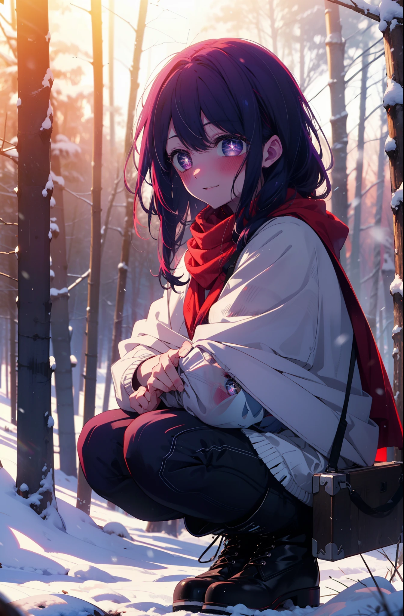aihoshino, Ai Hoshino, Long Hair, bangs, (Purple eyes:1.1), Purple Hair, (Symbol-shaped pupil:1.5), smile,,smile,blush,White Breath,
Open your mouth,snow,Ground bonfire, Outdoor, boots, snowing, From the side, wood, suitcase, Cape, Blurred, , forest, White handbag, nature, Squat, Mouth closed, Cape, winter, Written boundary depth, Black shoes, red Cape break looking at viewer, Upper Body, whole body, break Outdoor, forest, nature, break (masterpiece:1.2), Highest quality, High resolution, unity 8k wallpaper, (shape:0.8), (Beautiful and beautiful eyes:1.6), Highly detailed face, Perfect lighting, Highly detailed CG, (Perfect hands, Perfect Anatomy),