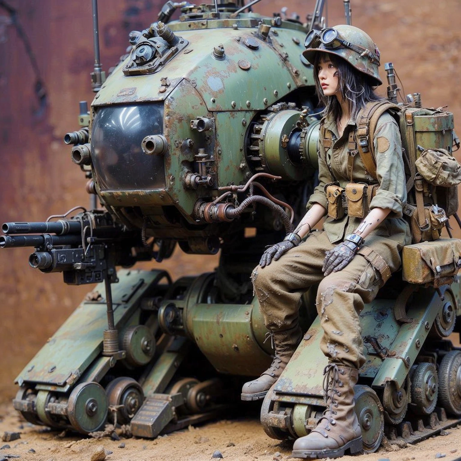 superrealism, ultra high res,8k,(Photorealsitic:1.4), (crab-like mechanical suit:1.2), designed by Hajime Katoki,heavy weapons,vivid textures,animal legs, gradation hair, japanese female soldier,(ultra beautiful face),((super realistic all textures)), ((super intricate all details)), Realistic detail enhancement like Magnific AI, full body shot, ultra sharp photo result, Acrylic Clear Cover, Hydraulic cylinder, style, taken with Fuji film X-T30+Nokton. HDR10,Minimum of 4 pieces created