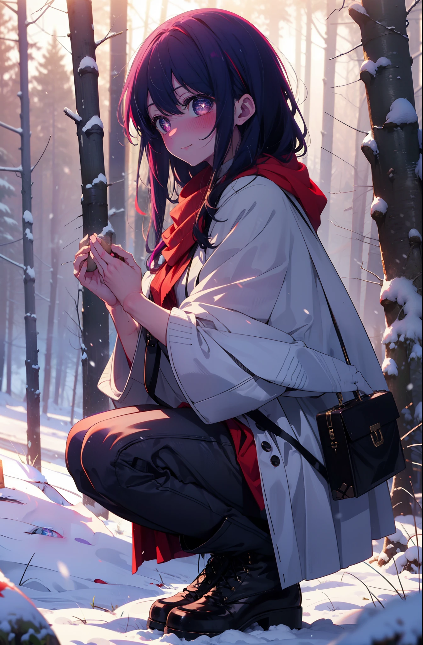 aihoshino, Ai Hoshino, Long Hair, bangs, (Purple eyes:1.1), Purple Hair, (Symbol-shaped pupil:1.5), smile,,smile,blush,White Breath,
Open your mouth,snow,Ground bonfire, Outdoor, boots, snowing, From the side, wood, suitcase, Cape, Blurred, , forest, White handbag, nature, Squat, Mouth closed, Cape, winter, Written boundary depth, Black shoes, red Cape break looking at viewer, Upper Body, whole body, break Outdoor, forest, nature, break (masterpiece:1.2), Highest quality, High resolution, unity 8k wallpaper, (shape:0.8), (Beautiful and beautiful eyes:1.6), Highly detailed face, Perfect lighting, Highly detailed CG, (Perfect hands, Perfect Anatomy),