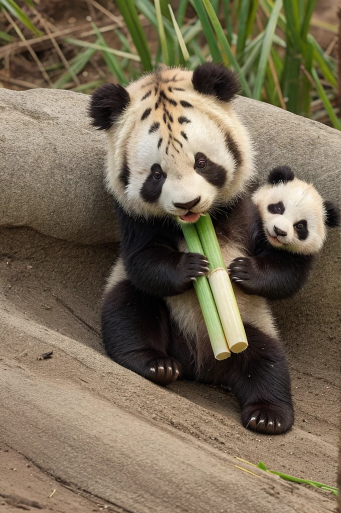 Sticker of cute baby panda, cute baby bear, cute baby tiger, cute loin cub eating sugarcane