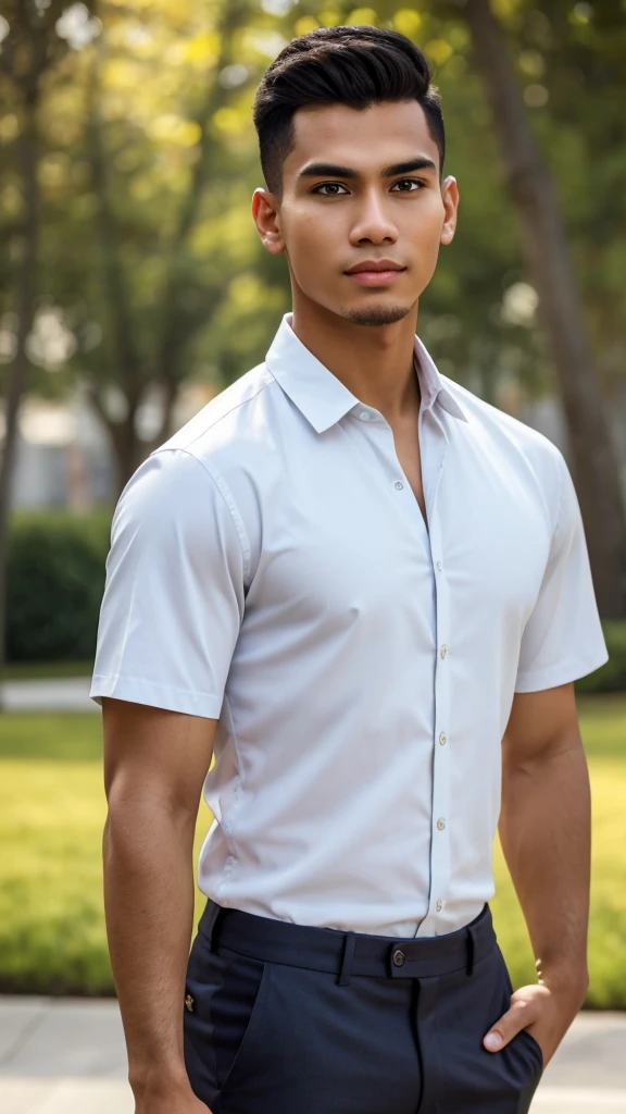 RAW, Best quality, high resolution, (masterpiece: 1.3), half body image, muscular Indonesian man in shirt, pants, and work shoes, Masterpiece, young man face, cute man face, cleanshaven, bright skin, rough skin, fierce eyes, soft smile, standing in a park, feminine gesture, strong expression, body facing viewer, looking to viewer, at noon, Great lighting, great sunlight, Bright colors, Ultra realistic clean lines, very realistic