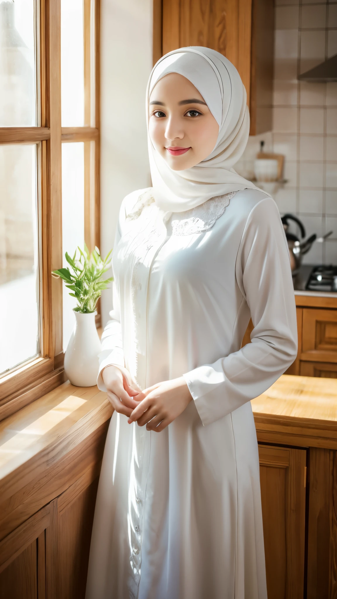 Woman in white hijab, abaya dress, standing in the kitchen, facing to viewer, feminine pose, serene expression, detailed face, detailed clothes, detailed background, warm ambience, bright lighting, natural lighting, 4k, high quality, high resolution, masterpiece