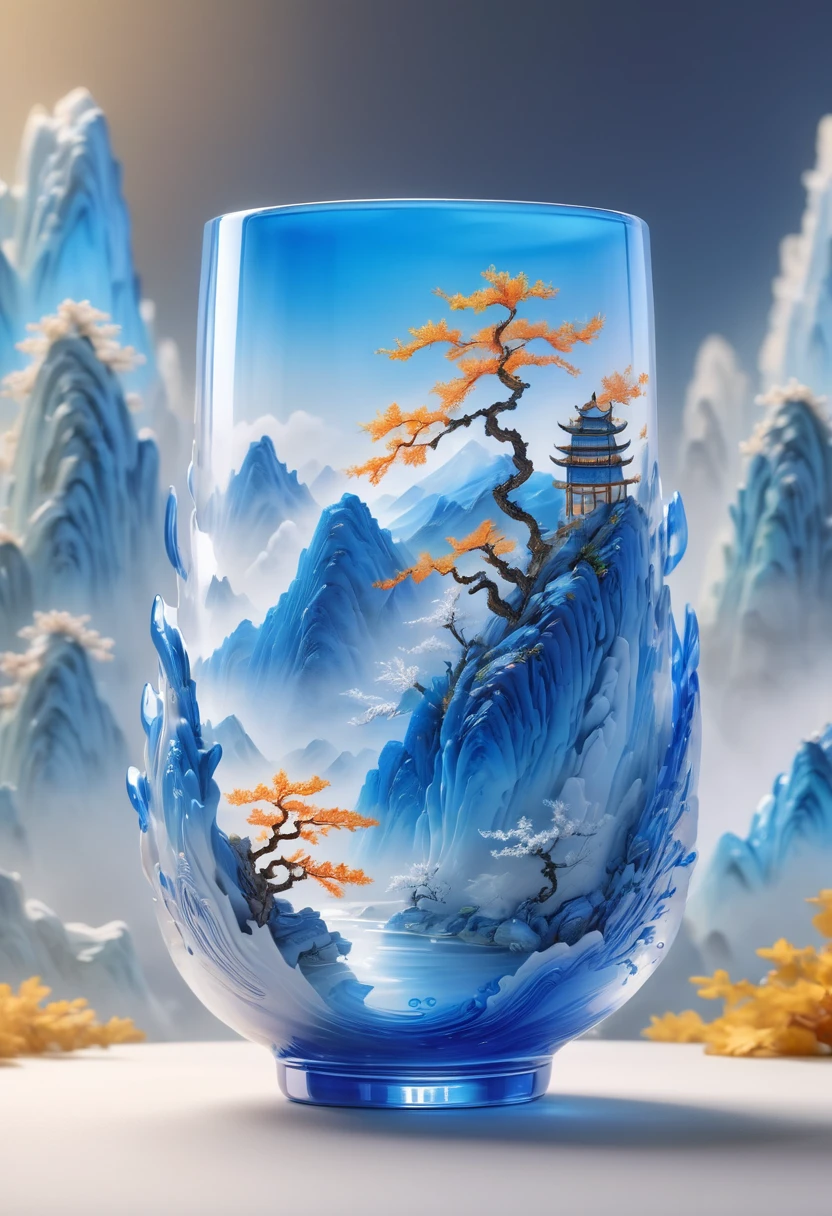 a delicate porcelain teacup, intricate carved landscape miniature, semi-transparent glass material, blue and white gradient, traditional Chinese landscape painting, abstract shapes, minimalist style, mountain cave, 3D render, best quality, 8k, highres, masterpiece, ultra-detailed, realistic, photorealistic, photo-realistic, HDR, UHD, studio lighting, ultra-fine painting, sharp focus, physically-based rendering, extreme detail description, professional, vivid colors, bokeh