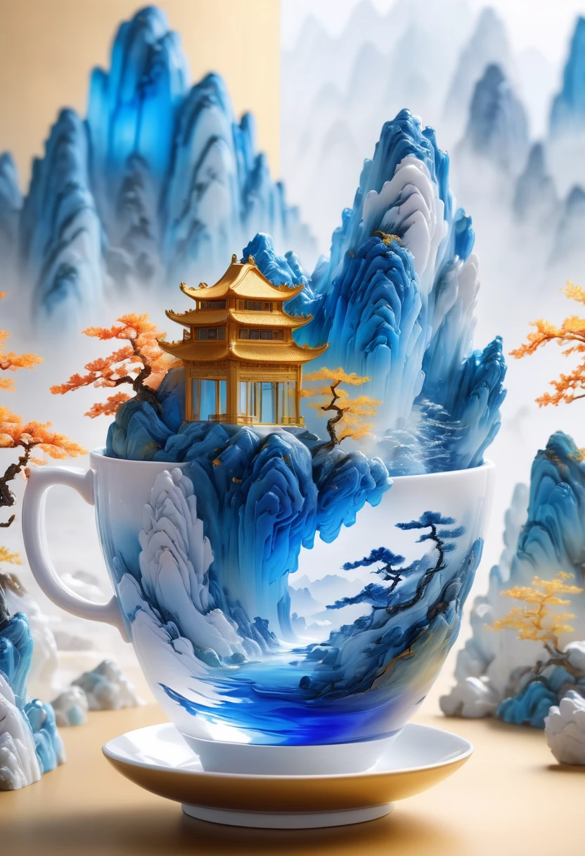 a delicate porcelain teacup, intricate carved landscape miniature, semi-transparent glass material, blue and white gradient, traditional Chinese landscape painting, abstract shapes, minimalist style, mountain cave, 3D render, best quality, 8k, highres, masterpiece, ultra-detailed, realistic, photorealistic, photo-realistic, HDR, UHD, studio lighting, ultra-fine painting, sharp focus, physically-based rendering, extreme detail description, professional, vivid colors, bokeh