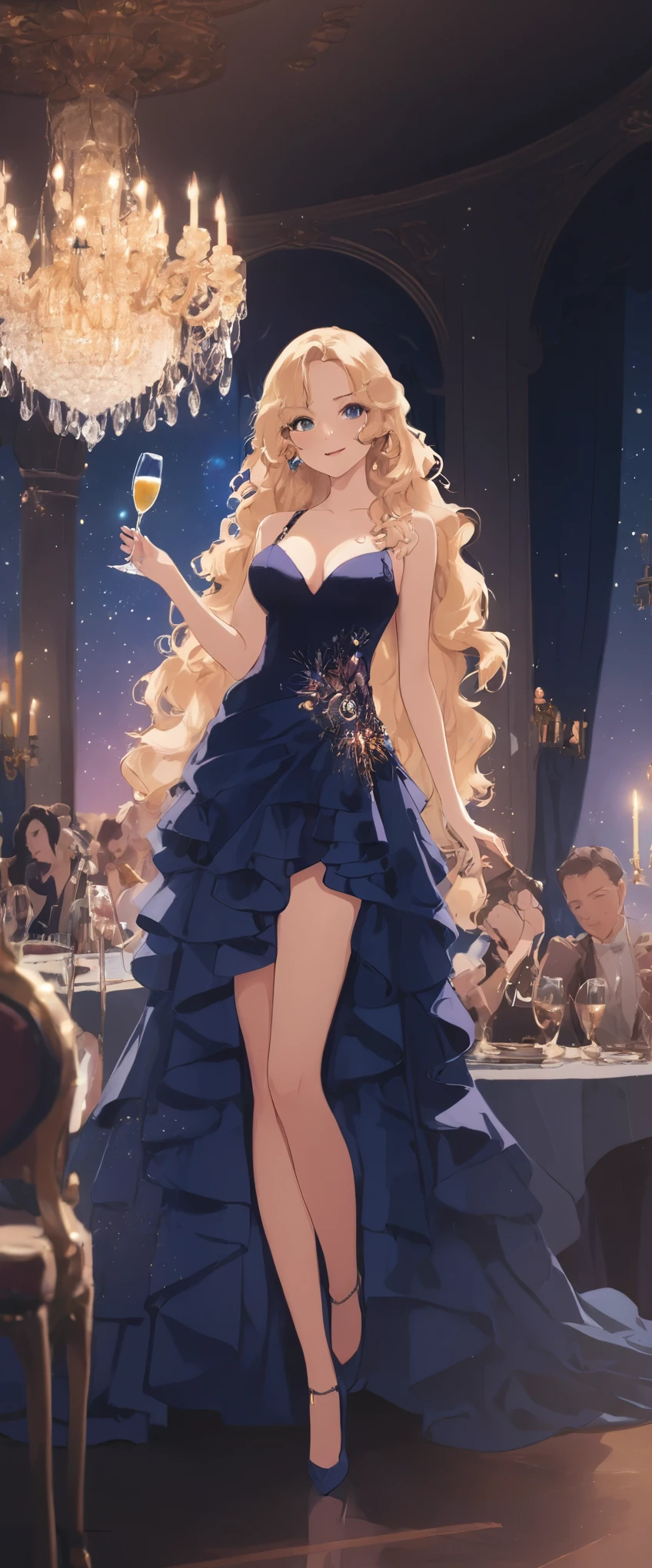 1lady\(elegant,smiling softly,young,big breast,white skin, illuminated blue eyes,very long hair,blonde,elegant hair style,(wearing makeup), beautiful accessories, holding champagne glass\(beautiful,carbonated bubbles shining\),(full body:2.0)\) is wearing beautiful trendy evening dress at elegant dinner party\(many dressed up people,inside chalk palace,big beautiful chandelier\), BREAK ,evening dress\((double exposure\(beautiful galaxy,beautiful nebula,colorful beautiful stars\):1.4),\), BREAK ,quality\(8k,wallpaper of extremely detailed CG unit, ​masterpiece,hight resolution,top-quality,top-quality real texture skin,hyper realisitic,increase the resolution,RAW photos,best qualtiy,highly detailed,the wallpaper,cinematic lighting,ray trace,golden ratio\),anime style,(low angle),(full body),(long shot:2.0),(wide shot:2.0)