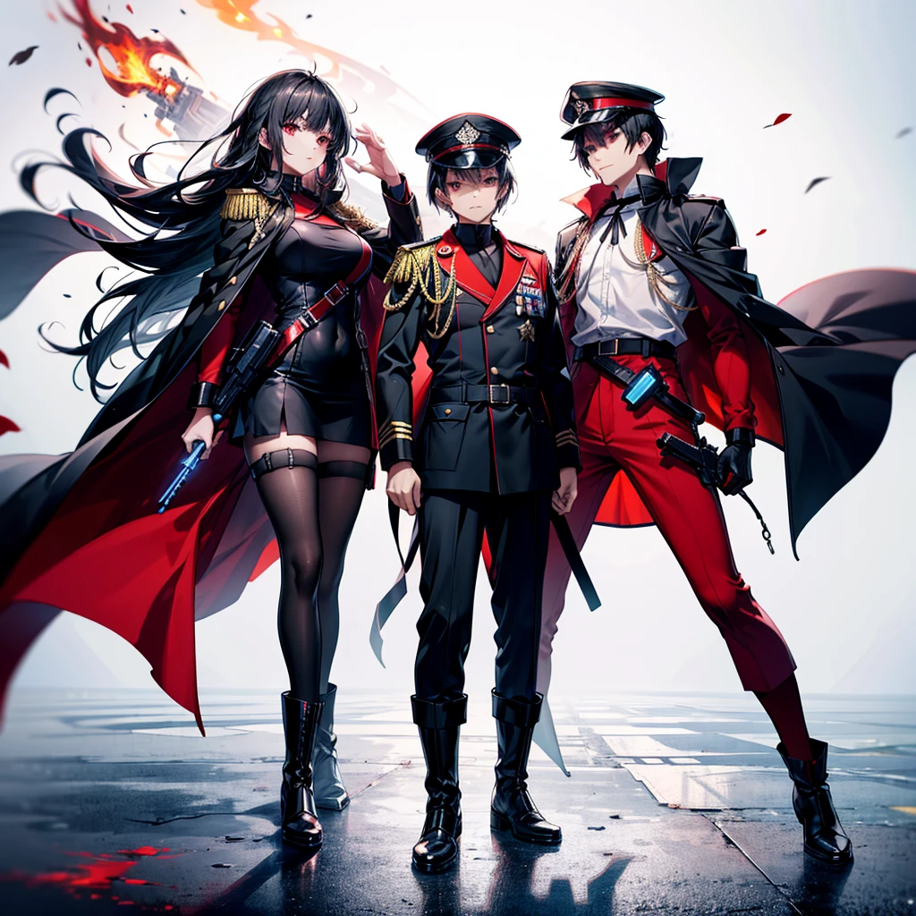 1girl、Dynamic composition、[17277fbe68]、(masterpiece, Highest quality), Super detailed, Anime Style, whole body, alone, cyberpunk soldier girl, Men wearing red and black military uniforms and hats, Fluttering Cape, Black hair and red eyes, Male Beauty, Holding a saber and a pistol, Wear long boots, Supernatural red and black flames, Karate fighting poses, Standing in the wasteland, Digital Painting, 8K high resolution, Art Station Trends, White Background, whole body,
