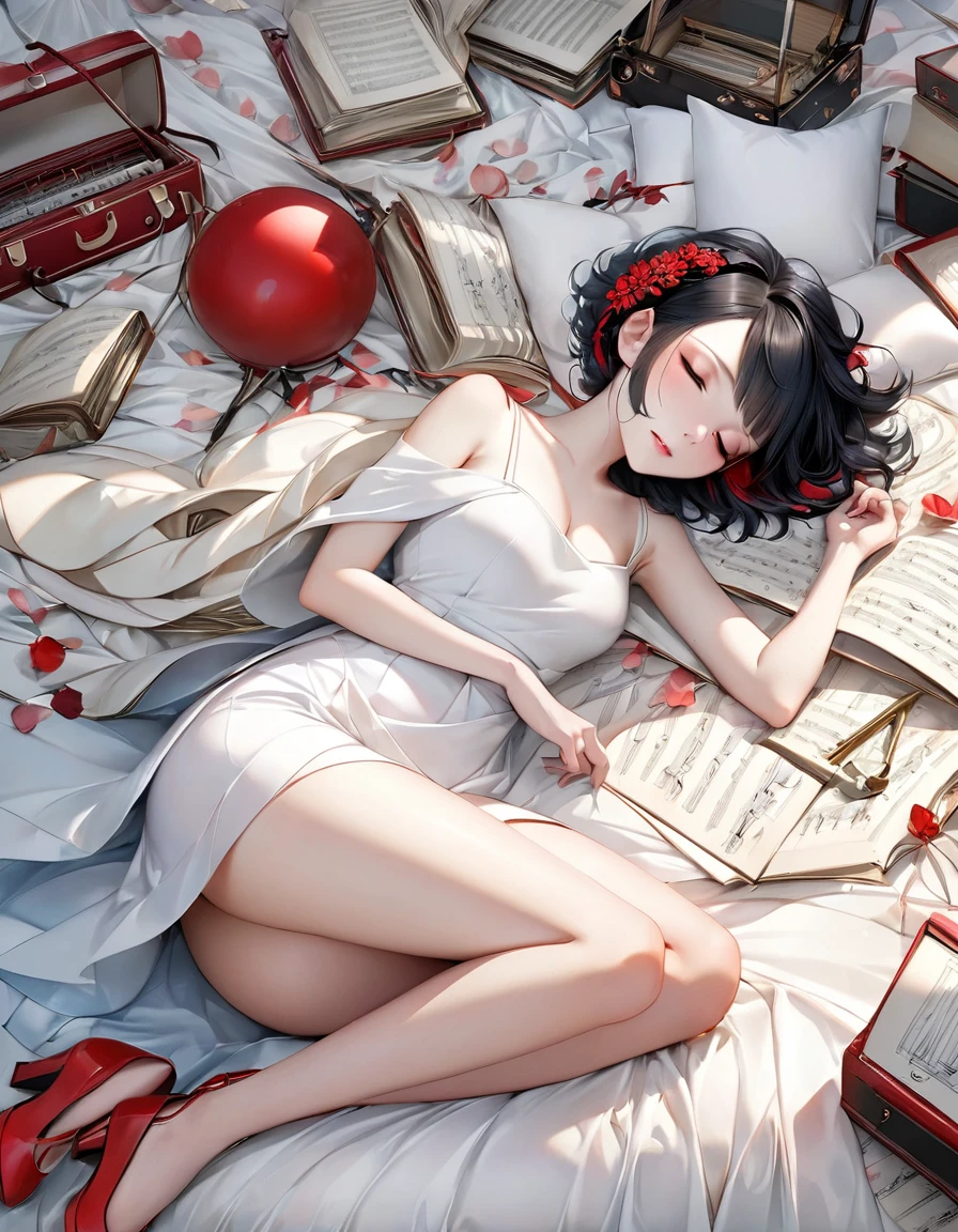 Beautiful Goku + sarada Boruto sexy big decote lying on Sheets of music lying on the floor, Harrison Fisher and Catrin Welz-Stein, highly detailed, beautiful, dreamlike