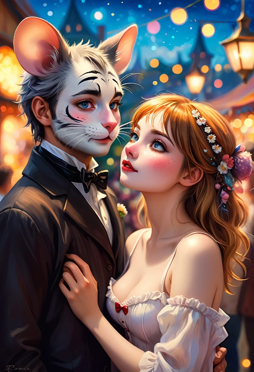 Renoir style , Hallucination, daydream , nightmare , Insane Dream , bokeh , erotica , romance , realistic mouse girl and realistic cat man , realistic nose , festival