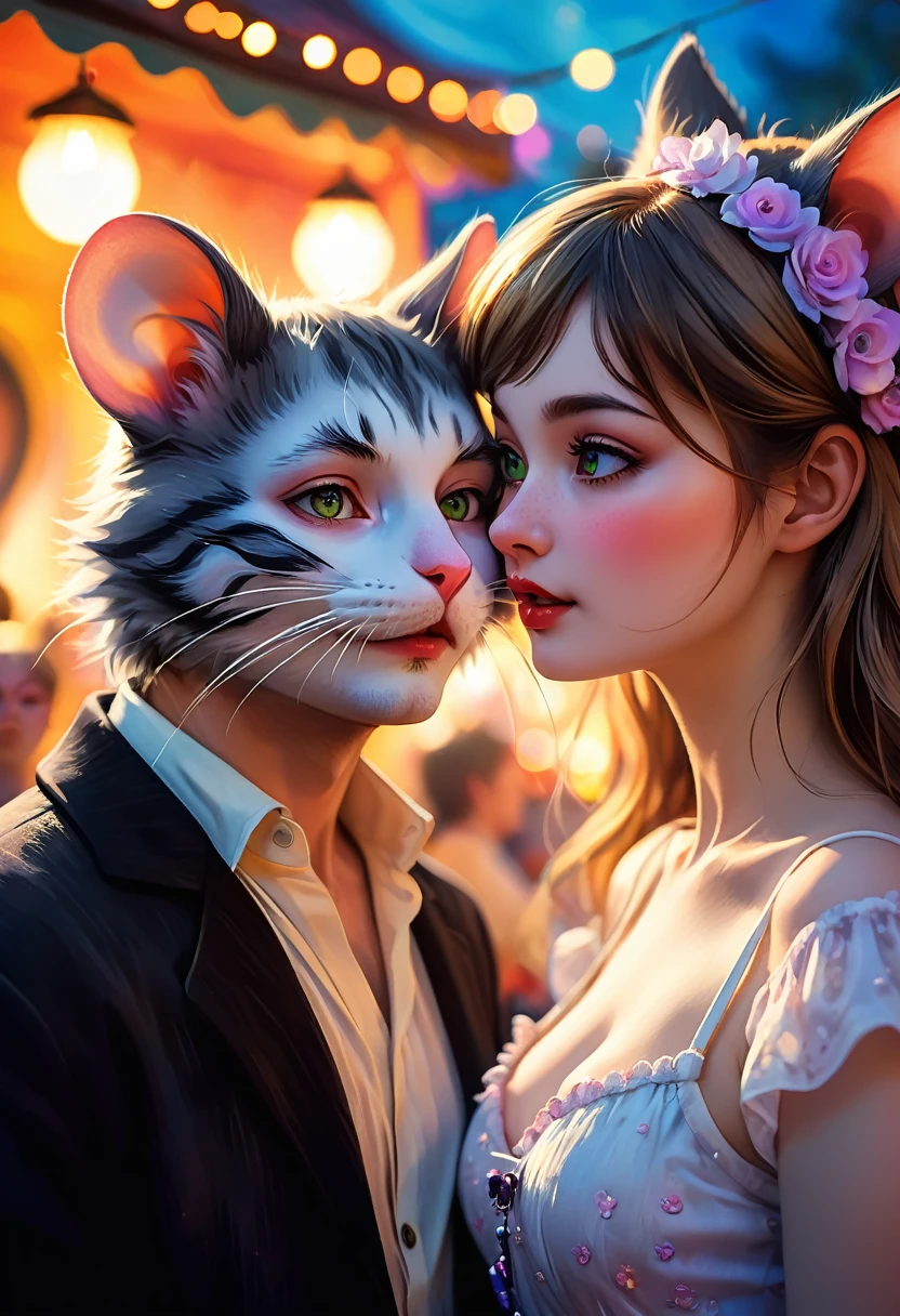 Renoir style , Hallucination, daydream , nightmare , Insane Dream , bokeh , erotica , romance , realistic mouse girl and realistic cat man , realistic nose , festival