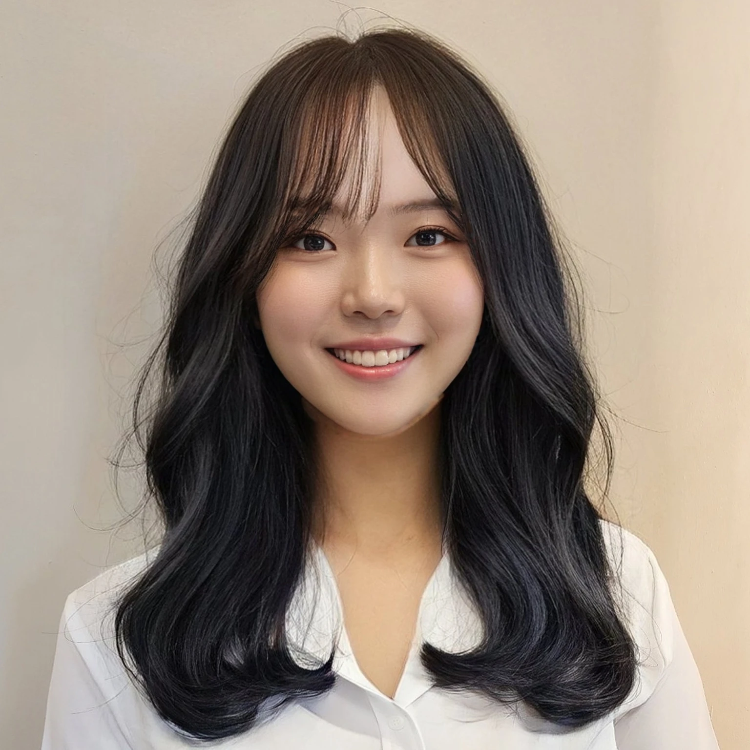Best Quality, 8k, Masterpiece, (Portrait: 1.3), (photo realistic:1.4), (hyper realistic:1.4), Sharp Focus, looking at viewer, (smoother lighting:1.1), (increase cinematic lighting quality:0.9), realistic lighting, backlighting, light on face, ray trace, (brightening light:1.2), (Increase quality:1.4), sharp detail, (best quality real texture skin:1.4), finely detailed eyes, black_eyes, finely detailed face, 25 year old Korean woman, (pink t_shirt:1.4), (Create an image maintaining the original base model hairstyle:1.5),smiling_face