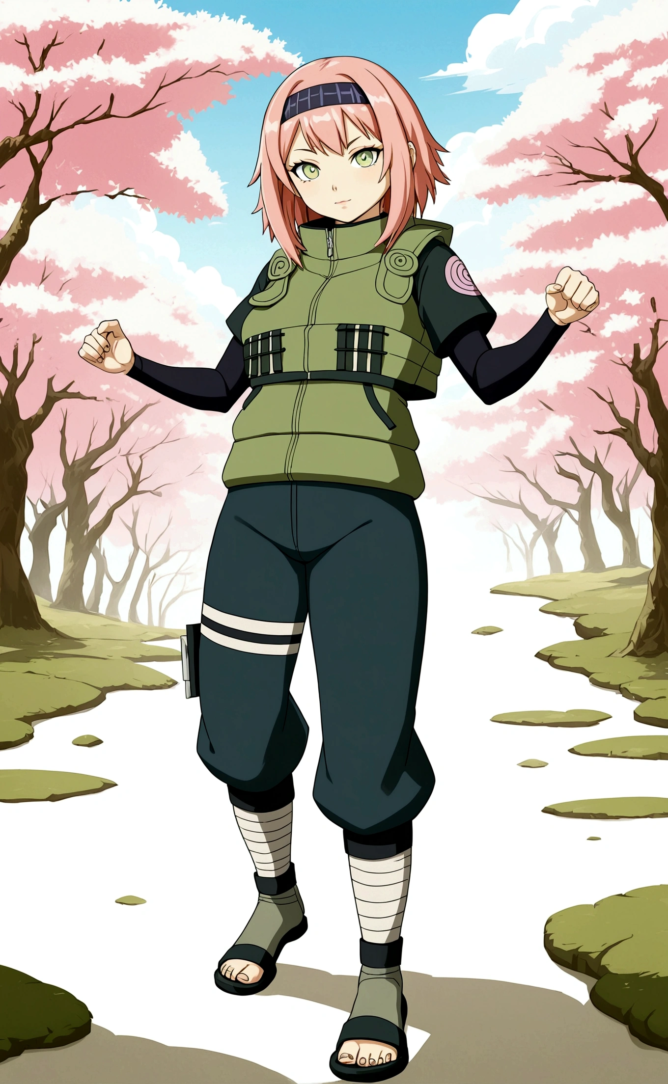 1girl, beautiful detailed eyes, beautiful detailed lips, extremely detailed face, long eyelashes, medium hair, C size breasts, sakura and hinata fusion character, naruto art style, digital painting, highly detailed, artstation, cinematic lighting, vibrant colors, simple details, fantasy, character full body