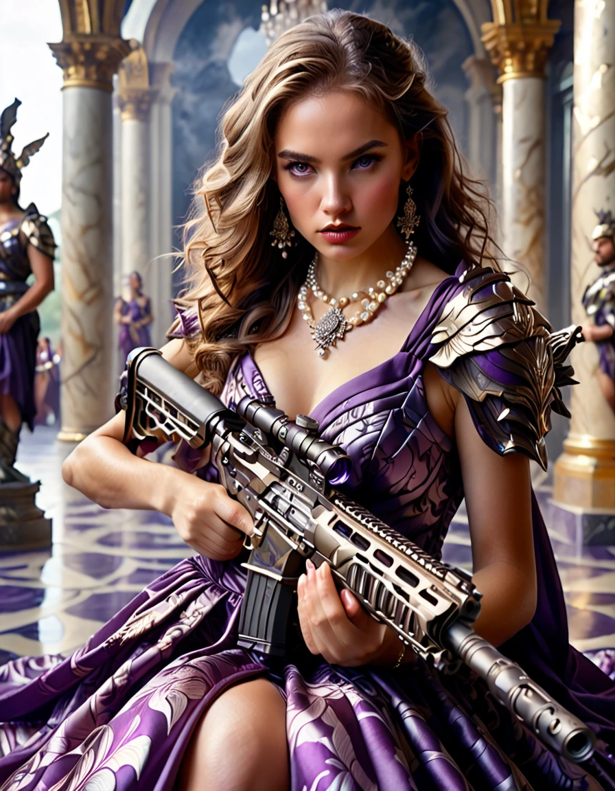 Young and stunningly beautiful female warrior in deep purple camouflage satin floor-length evening dress, ideal proportions, wearing a large pearl necklace and luxurious accessories, crouching, carrying an assault rifle, tense expression, detailed face and eyes, flawless skin, flowing hair, graceful posture, photorealistic and cinematic lighting, dramatic fantasy, highly detailed, 8k, masterpiece