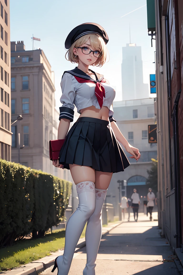 Best quality, Masterpiece, white thighboots, pleated skirt, sailor uniform, beret, glasses, short hair, medium breasts, cleavage, full body, city, high heels boots, navel