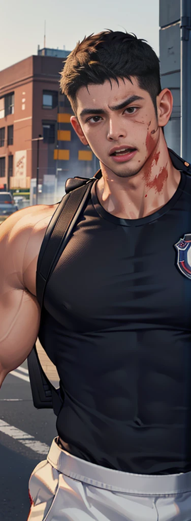 (Create a masterpiece: 1.2),(CGI art:1.3),(realistic:1.5),(After processing:1.3),(Sharp focus:1.3), (man Fight, join in battle:1.5 ), straight, front ,Chris Redfield ,(black hair), smile open mouth, (Wear color navy round neck T-shirt: 1.5), (with a Police badge: 1.2), navy cargo , (blood splatters) ,( abrasions on face: 1.5), (Blood stains on the face and body: 1.4), Korean guy , korean men, (High gloss details), chest muscles, large arm muscles, blood vessel, Big muscles, Broad shoulders, looking at the audience, Balancing the eyes, middle of the road , (black backpack: 1.3)  ,(open mouth:1.6) 