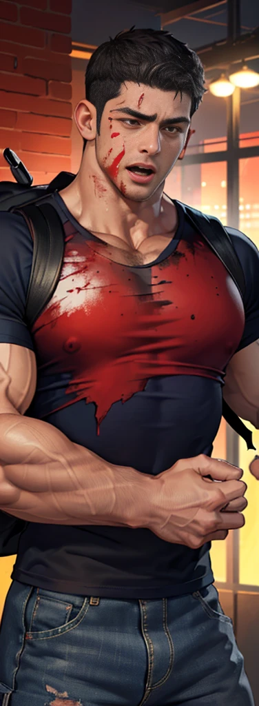 (Create a masterpiece: 1.2),(CGI art:1.3),(realistic:1.5),(After processing:1.3),(Sharp focus:1.3), (man Fight, join in battle:1.5 ), straight, front ,Chris Redfield ,(black hair), smile open mouth, (Wear color navy round neck T-shirt: 1.5), (with a Police badge: 1.2), navy cargo , (blood splatters) ,( abrasions on face: 1.5), (Blood stains on the face and body: 1.4), Korean guy , korean men, (High gloss details), chest muscles, large arm muscles, blood vessel, Big muscles, Broad shoulders, looking at the audience, Balancing the eyes, middle of the road , (black backpack: 1.3)  ,(open mouth:1.6) 