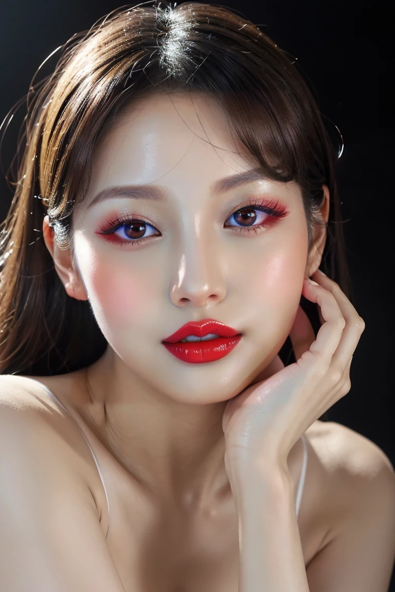 (Highest quality、Tabletop、8K、Best image quality、Award-winning works)、Cute beauty、(nude:1.3)、(The simplest pure black background:1.5)、(Face close-up:1.6)、Accentuate your body lines、Beautiful and exquisite、Expressionless、(look straight at me:1.1)、(stand upright facing forward:1.1)、(Perfect Makeup:1.1)、(Bright lipstick:1.1)、Ultra-high definition beauty face、Ultra HD Hair、Ultra HD Shining Eyes、super high quality, Vibrant and lustrous lip colour、Accurate anatomy、Very beautiful skin、Ultra high resolution and beautiful, Glowing Skin、An elegant upright posture when viewed from the front、Sweaty skin、Hot Face、Damp Hair、Moisturized Skin