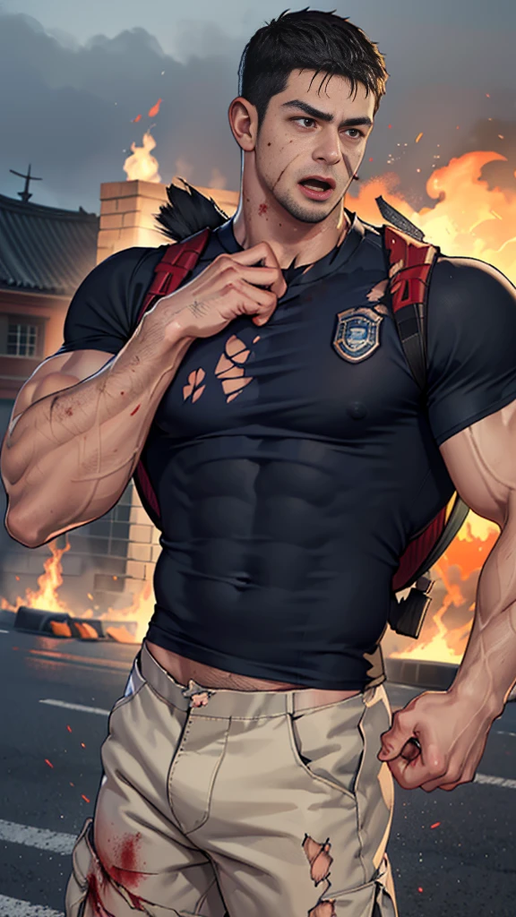 (Create a masterpiece: 1.2),(CGI art:1.3),(realistic:1.5),(After processing:1.3),(Sharp focus:1.3), (man Fight, join in battle:1.5 ), straight, front ,Chris Redfield ,(black hair), smile open mouth, (Wear color navy round neck T-shirt: 1.5), (with a Police badge: 1.2), navy cargo, (Torn shirt:1.6), (wound: 1.3) , (blood splatters) ,( abrasions on face: 1.5), (Blood stains on the face and body: 1.4), Korean guy , korean men, (High gloss details), chest muscles, large arm muscles, blood vessel, Big muscles, Broad shoulders, looking at the audience, Balancing the eyes, middle of the road , (black backpack: 1.3) ,(Fire blazes behind) ,(open mouth:1.6)