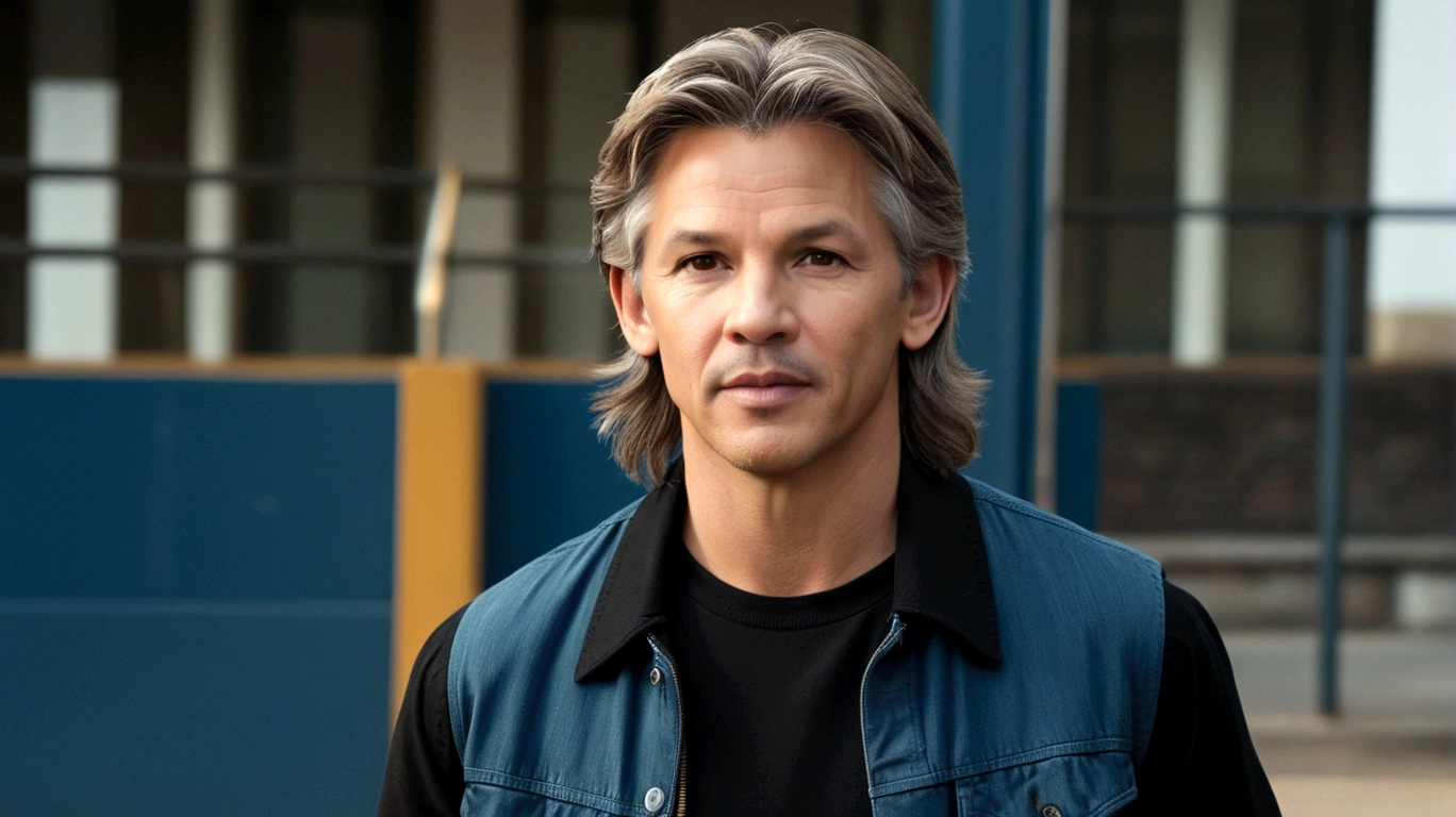 a young man called lineker, 50 years old, he has a face similar to Jon Bom Jovi, he has light hair, brown eyes, black blouse, black pants, black sneakers, he is IN HIS CAR