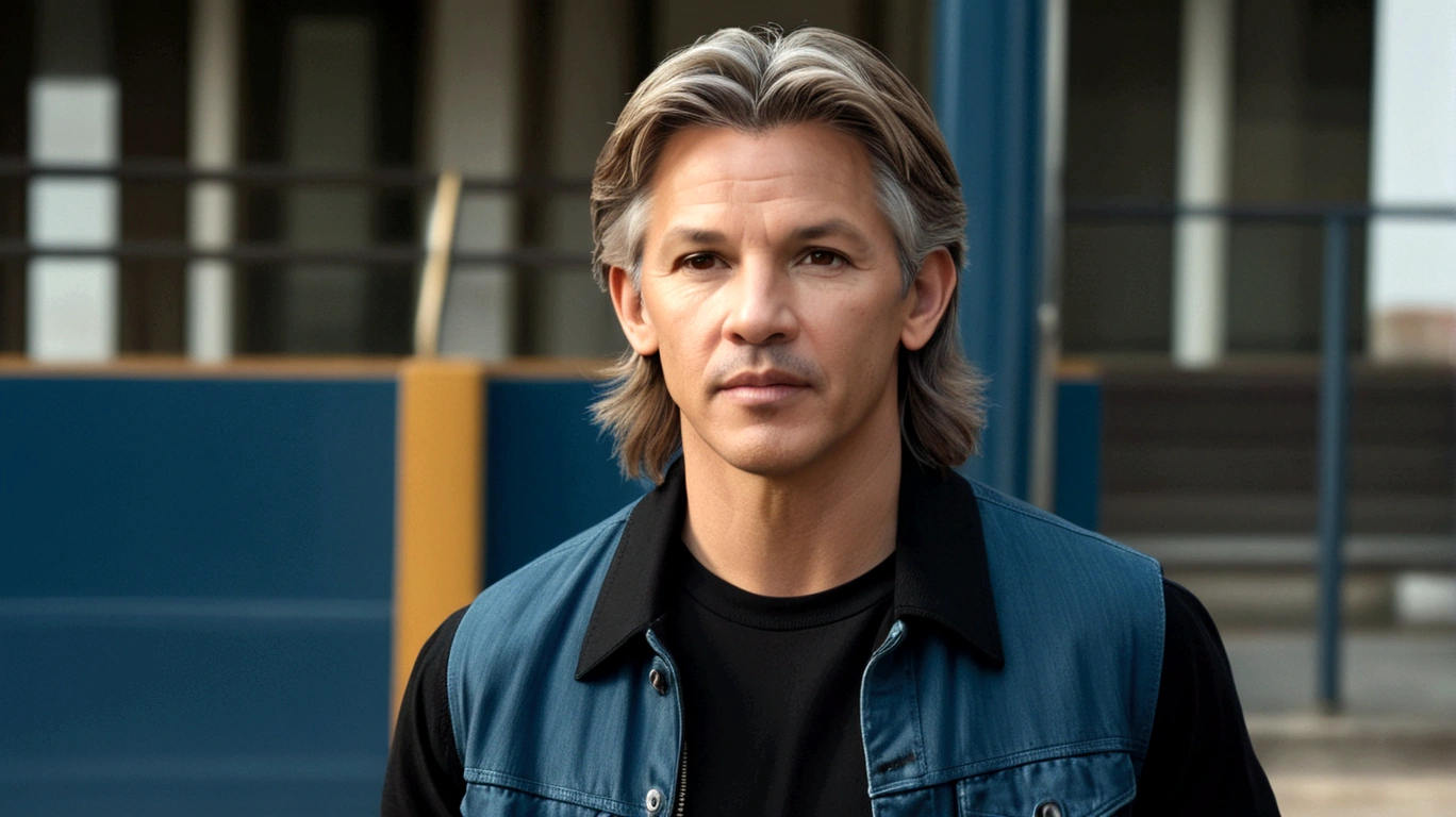 a young man called lineker, 50 years old, he has a face similar to Jon Bom Jovi, he has light hair, brown eyes, black blouse, black pants, black sneakers, he is IN HIS CAR