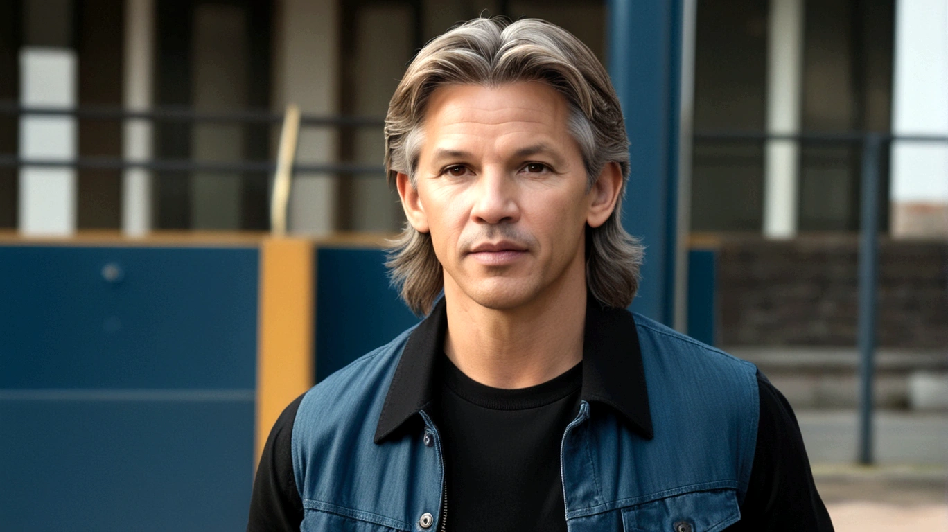 a young man called lineker, 50 years old, he has a face similar to Jon Bom Jovi, he has light hair, brown eyes, black blouse, black pants, black sneakers, he is IN HIS CAR