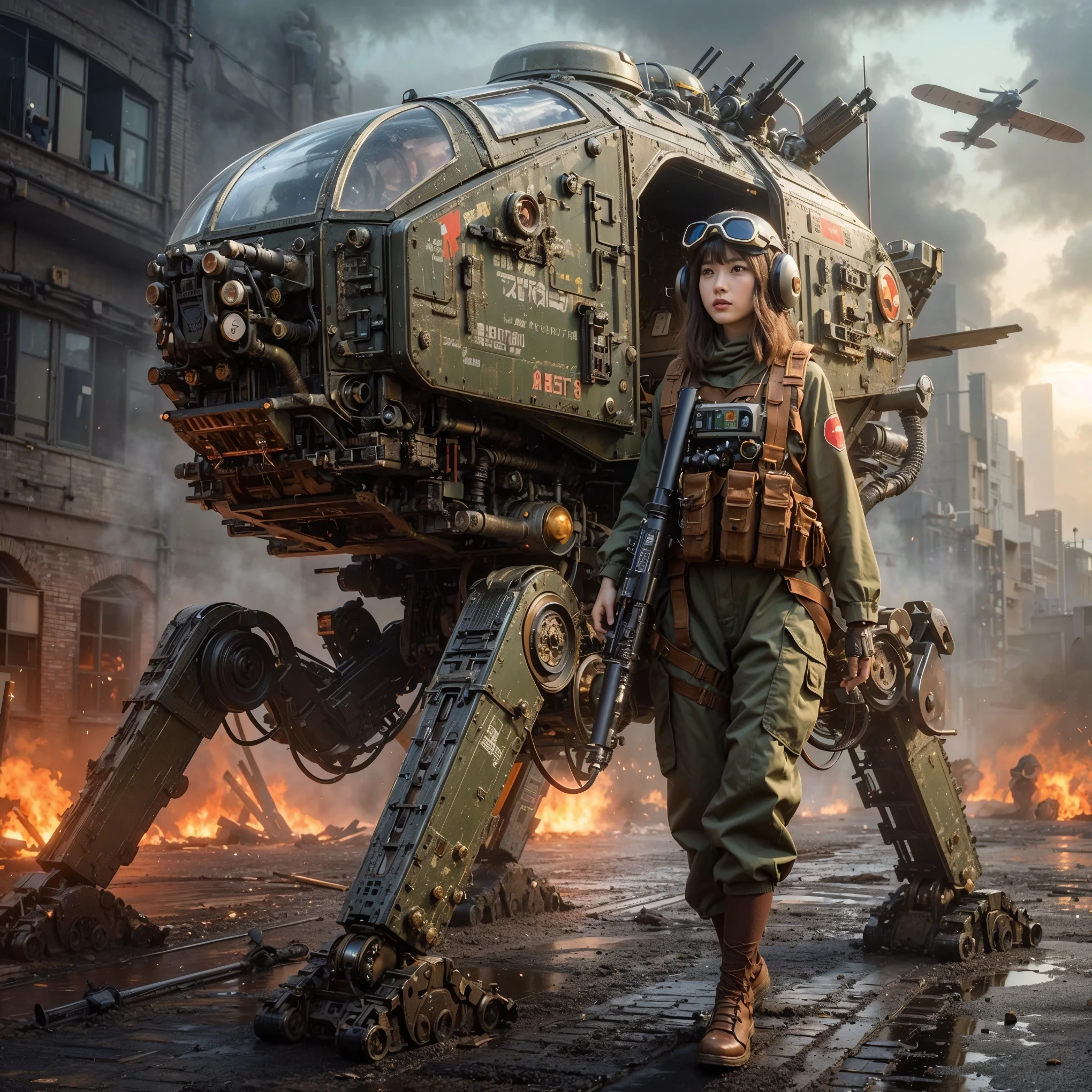 superrealism, ultra high res,8k,(Photorealsitic:1.4), (crab-like mechanical suit:1.2), designed by Hajime Katoki,heavy weapons,vivid textures,animal legs, gradation hair, japanese female soldier,(ultra beautiful face),((super realistic all textures)), ((super intricate all details)), Realistic detail enhancement like Magnific AI, full body shot, ultra sharp photo result, Acrylic Clear Cover, Hydraulic cylinder, style, taken with Fuji film X-T30+Nokton. HDR10,Minimum of 4 pieces created