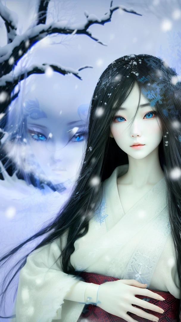 A fifty-year-old with long black hair and blue eyes in a snowy landscape, The sharp gaze of the Yuki-onna, Very long snow-colored hair, Bold, Portrait of Sadako from the Ring, Pure white skin, Frozen cold gaze, Cold snow, Beautiful ancient frost witch, Ball jointed doll, Inspired by Li Mei-shu, Beautiful avatar photos
