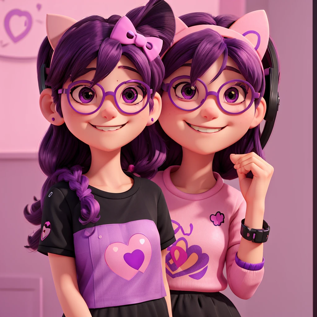 One with purple hair, black and pink clothes, sunglasses and hello kitty headphones. Smiling and making a heart with her hands.