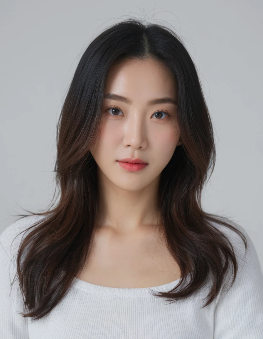 Best Quality, 8k, Masterpiece, (Portrait: 1.3), (photo realistic:1.4), (hyper realistic:1.4), Sharp Focus, looking at viewer, (smoother lighting:1.1), (increase cinematic lighting quality:0.9), realistic lighting, backlighting, light on face, ray trace, (brightening light:1.2), (Increase quality:1.4), sharp detail, (best quality real texture skin:1.4), finely detailed eyes, black_eyes, finely detailed face, 25 year old Korean woman