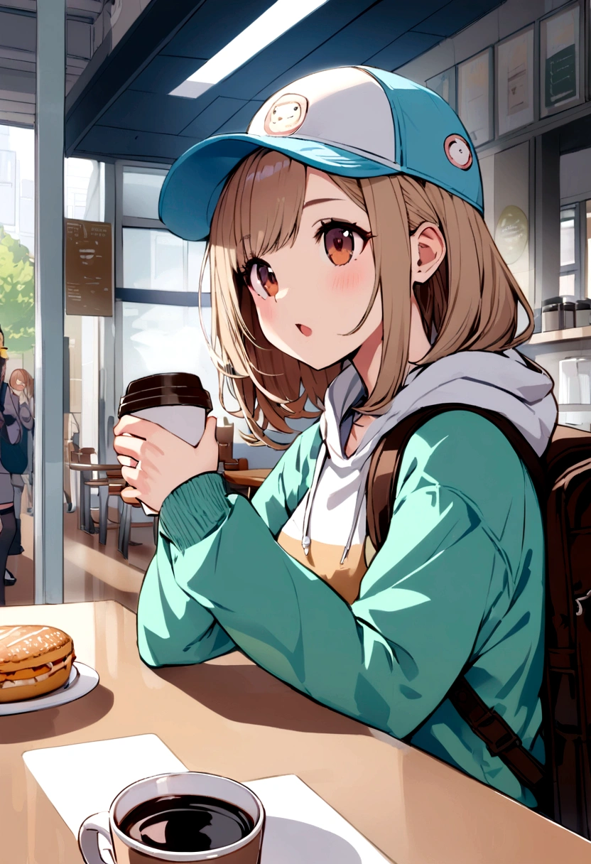 Girl in sweatshirt, Cap and backpack, Buy coffee in the cafeteria,