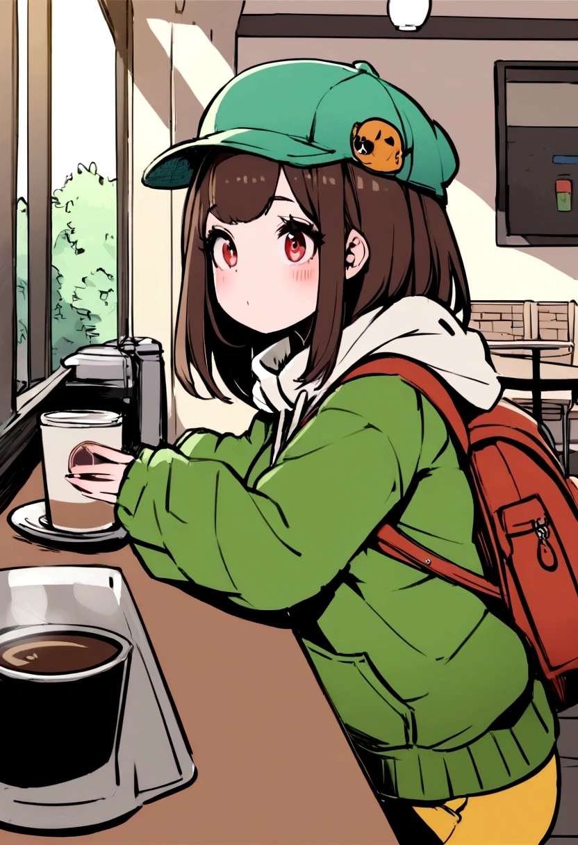 Girl in sweatshirt, Cap and backpack, Buy coffee in the cafeteria,