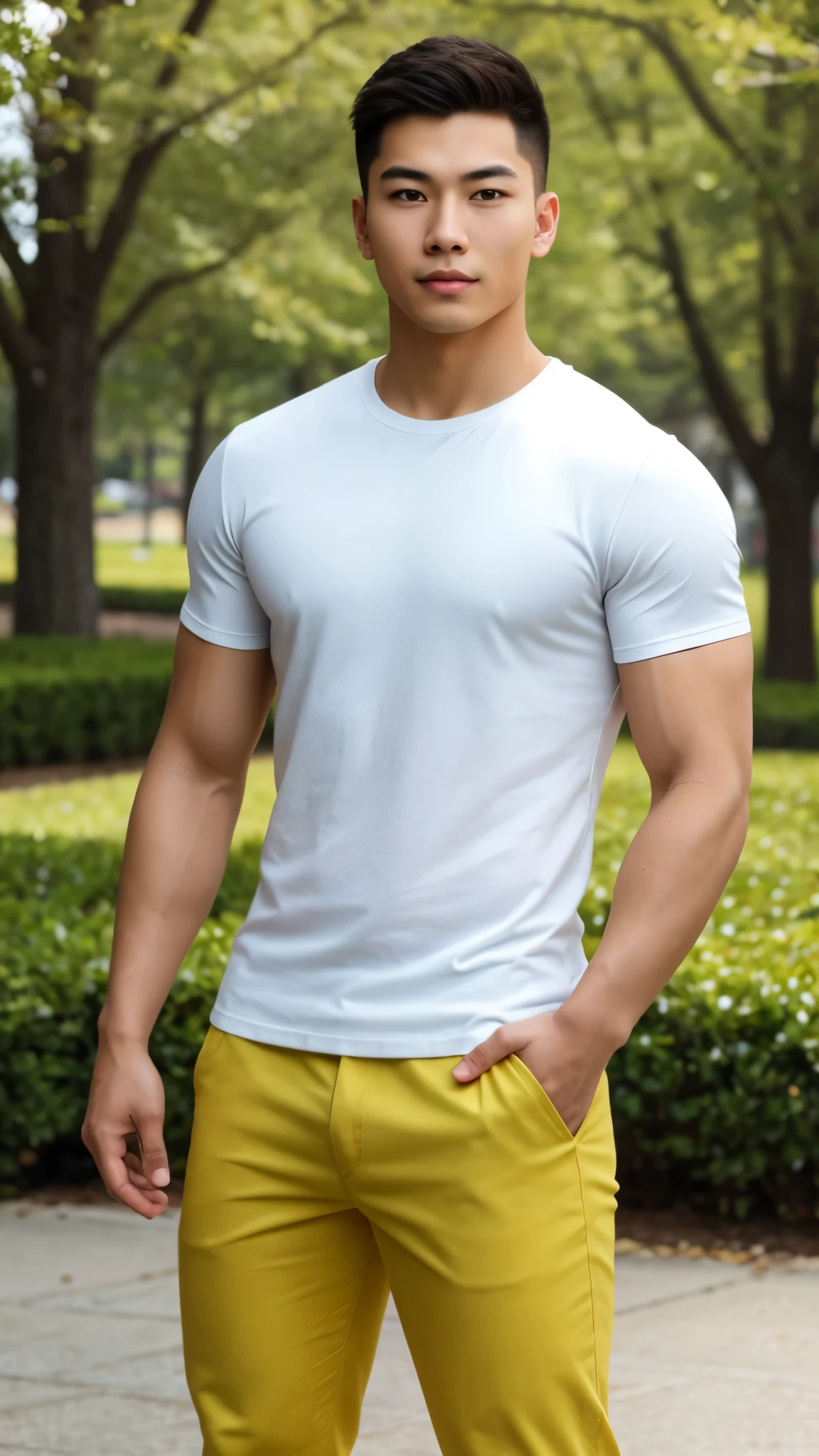 RAW, Best quality, high resolution, (masterpiece: 1.3), half body image, muscular asian young man in shirt, pants, Masterpiece, young man face, cute man face, cleanshaven, bright skin, rough skin, fierce eyes, soft smile, standing in a park, feminine gesture, strong expression, body facing viewer, looking to viewer, at noon, Great lighting, great sunlight, Bright colors, Ultra realistic clean lines, very realistic