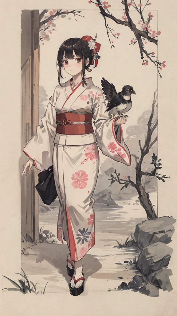 Beautiful woman playing with a bird、Japanese-style kimono