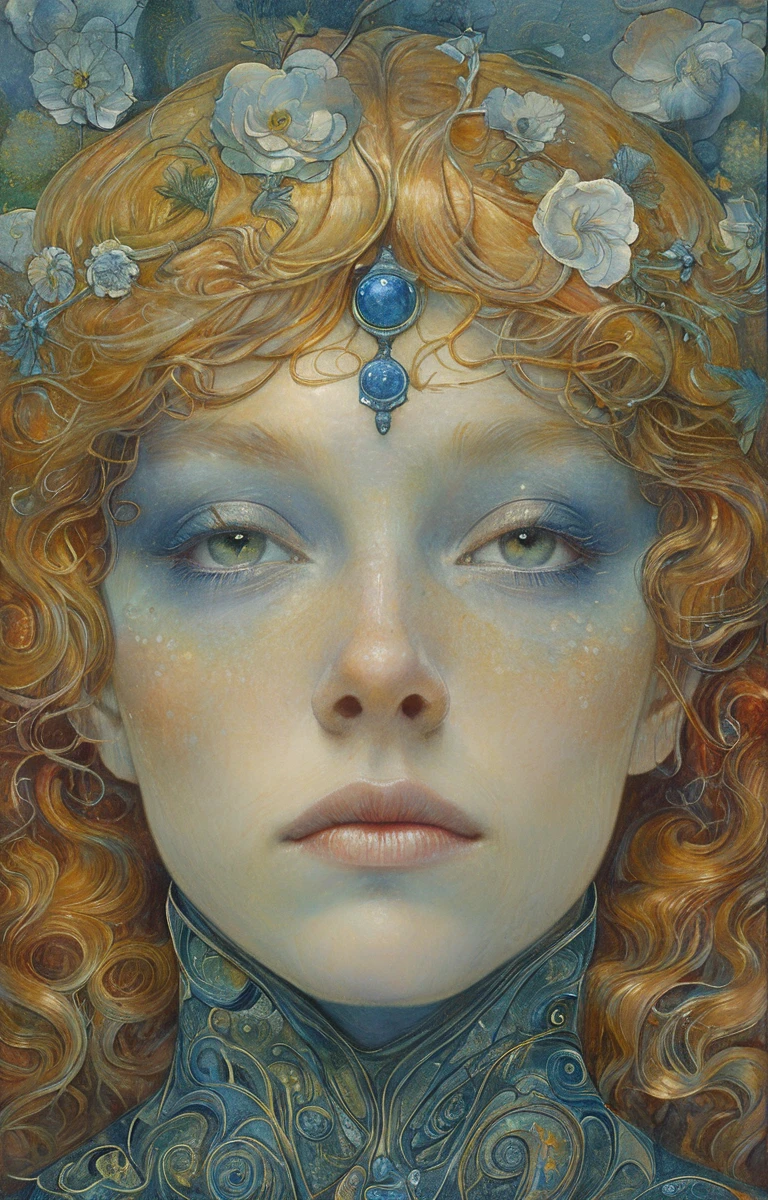 masterpiece,best quality,portrait of knight,illustration,style of Jean Delville,symbolism,colorful, The painting must capture the multifaceted and energetic essence of a metalhead Gemini, showing duality, creativity and intense passion for music. The scene must be rich in symbolism, representing the vibrant personality of a Gemini while incorporating elements of metal culture, suggesting the fusion of intellectuality and rebellion.