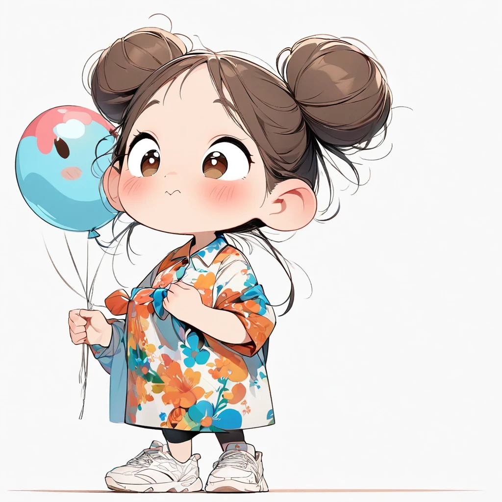 (masterpiece, highest quality:1.2), Cartoon style character design。Pure white background,1 girl holding balloons in her hands, alone,Big eyes,Cute expression,Two buns hair,Floral Shirt,Work clothes,White sneakers,stand,interesting,interesting,Clean Lines,Solid color background,Vibrant colors ,exceptionally high detail
