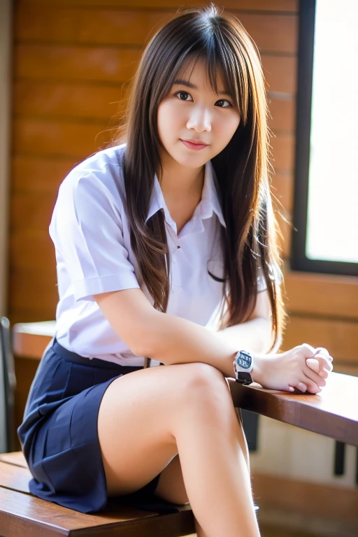 (masterpiece, best quality:1.2), 1girl, Beautiful girl wearing a , ((thai school uniform)), (posing sitting with legs dangling on the edge of a table, facing the camera, hands crossed behind her back), in a wooden house, morning,  There's little light.