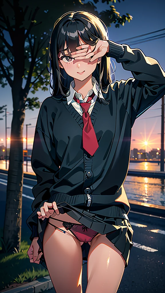 (8K, RAW Photos, 最high quality, masterpiece:1.2), high qualityのRAWカラー写真, Professional photo shoot, Cinematic Light, night、Late night、alone, (((young woman, Gal))), (Sharp features), (Small face), (Skin with attention to detail:1.2), clavicle, Cute face, Beautiful appearance, Long eyelashes,Girl Turning Around, smile, (Black Hair, Long straight line), high school student, Red tie, High School Uniform:1.2, Black jacket, Open jacket, Jacket cuff buttons, White shirt, Check skirt, night Park, Birds chirping, Embarrassing, sad, Artistic painting,Attractive thighs, loose socks:1.2, sneakers:1.2, (Very fine touch:1.2), (Watery eye), sad雰囲気, Oil painting style, Dark colors, (Are standing:1.5, lean on a tree, Full body portrait), Smooth texture, Gazing Eyes, Beautiful Skin, Shiny skin, ((Perfect Fingers, Five Fingers, Anatomically correct)), Background Blur, high quality, Surreal, ((Very detailed, photo shoot)),(Cover your eyes with your right hand、Left hand grabs skirt),,(((Skirt flip、Sexy panties)))、blush、(Many passersby)、Embarrassing、They hesitate、Look down、orgasm、avert your eyes、Full Body Shot、((Hide your face with one hand))