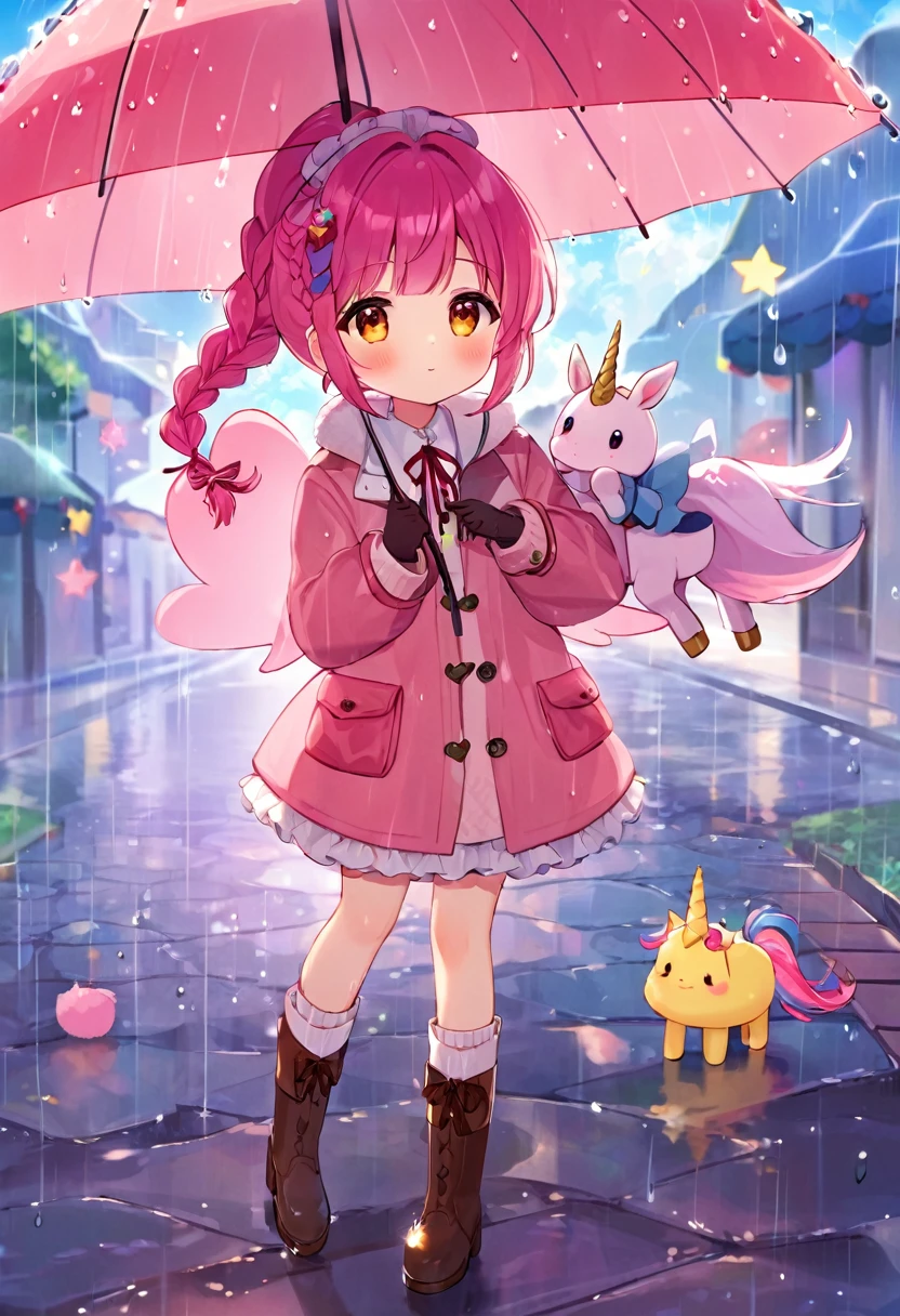 Highest quality、High resolution、Detailed Background、Beautiful face in every detail、Teenage beauty、Cute hair colour、Braided Ponytail、Braided bob cut、Cute hairstyle、well-groomed eyebrows、Cute gestures、

A girl happily waiting for someone even in the rain、
A small back holding an umbrella、I&#39;m lonely by myself but I&#39;m waiting、Until someone comes、
Wet ground beneath my feet、Above is the sound of rain from the sky、But I&#39;m waiting、Without hesitation、
だって約束したhour間、もうすぐ来るはずだからI&#39;ll be waiting、I want to be no longer alone、
Dripping rain、hour々Blowing in the Wind、But I won&#39;t leave you、I&#39;ll be waiting、
Until someone comes、It&#39;s lonely being alone、When that person comes, I can smile、

Pink or pastel colored raincoats for a feminine look、The frills and ribbons are the highlights.、
Choose rain boots in the same color as your raincoat、The heart and star shaped decorations are cute.、
Bring a cute umbrella with a unicorn or character design、Mitten-style gloves that allow you to expose your fingertips are convenient for playing freely.、
Stylish decorations with ribbons and frills、A warm knit hat with pom-poms and frills for an accent、
The colorful design creates a lovely atmosphere.