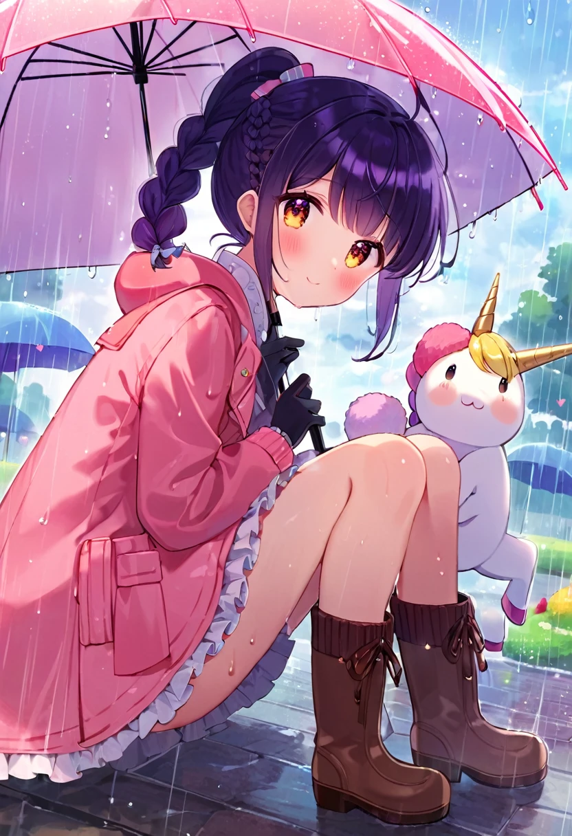 Highest quality、High resolution、Detailed Background、Beautiful face in every detail、Teenage beauty、Cute hair colour、Braided Ponytail、Braided bob cut、Cute hairstyle、well-groomed eyebrows、Cute gestures、
A girl happily waiting for someone even in the rain、
A small back holding an umbrella、I'm lonely by myself but I'm waiting、Until someone comes、
Wet ground beneath my feet、Above is the sound of rain from the sky、But I'm waiting、Without hesitation、
だって約束したhour間、もうすぐ来るはずだからI'll be waiting、I want to be no longer alone、
Dripping rain、hour々Blowing in the Wind、But I won't leave you、I'll be waiting、
Until someone comes、It's lonely being alone、When that person comes, I can smile、
Pink or pastel colored raincoats for a feminine look、The frills and ribbons are the highlights.、
Choose rain boots in the same color as your raincoat、The heart and star shaped decorations are cute.、
Bring a cute umbrella with a unicorn or character design、Mitten-style gloves that allow you to expose your fingertips are convenient for playing freely.、
Stylish decorations with ribbons and frills、A warm knit hat with pom-poms and frills for an accent、
The colorful design creates a lovely atmosphere.