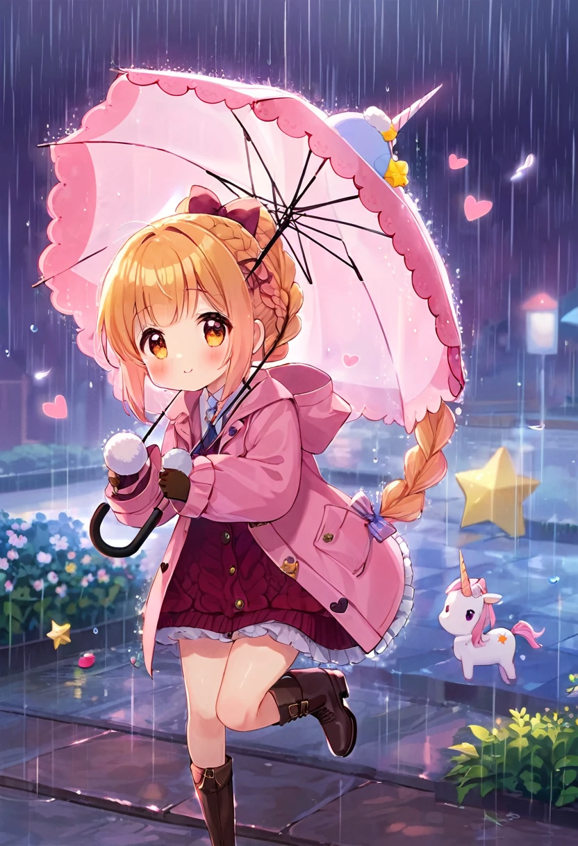 Highest quality、High resolution、Detailed Background、Beautiful face in every detail、age beauty、Cute hair colour、Braided Ponytail、Braided bob cut、Cute hairstyle、well-groomed eyebrows、Cute gestures、
A girl happily waiting for someone even in the rain、
A small back holding an umbrella、I'm lonely by myself but I'm waiting、Until someone comes、
Wet ground beneath my feet、Above is the sound of rain from the sky、But I'm waiting、Without hesitation、
だって約束したhour間、もうすぐ来るはずだからI'll be waiting、I want to be no longer alone、
Dripping rain、hour々Blowing in the Wind、But I won't leave you、I'll be waiting、
Until someone comes、It's lonely being alone、When that person comes, I can smile、
Pink or pastel colored raincoats for a feminine look、The frills and ribbons are the highlights.、
Choose rain boots in the same color as your raincoat、The heart and star shaped decorations are cute.、
Bring a cute umbrella with a unicorn or character design、Mitten-style gloves that allow you to expose your fingertips are convenient for playing freely.、
Stylish decorations with ribbons and frills、A warm knit hat with pom-poms and frills for an accent、
The colorful design creates a lovely atmosphere.