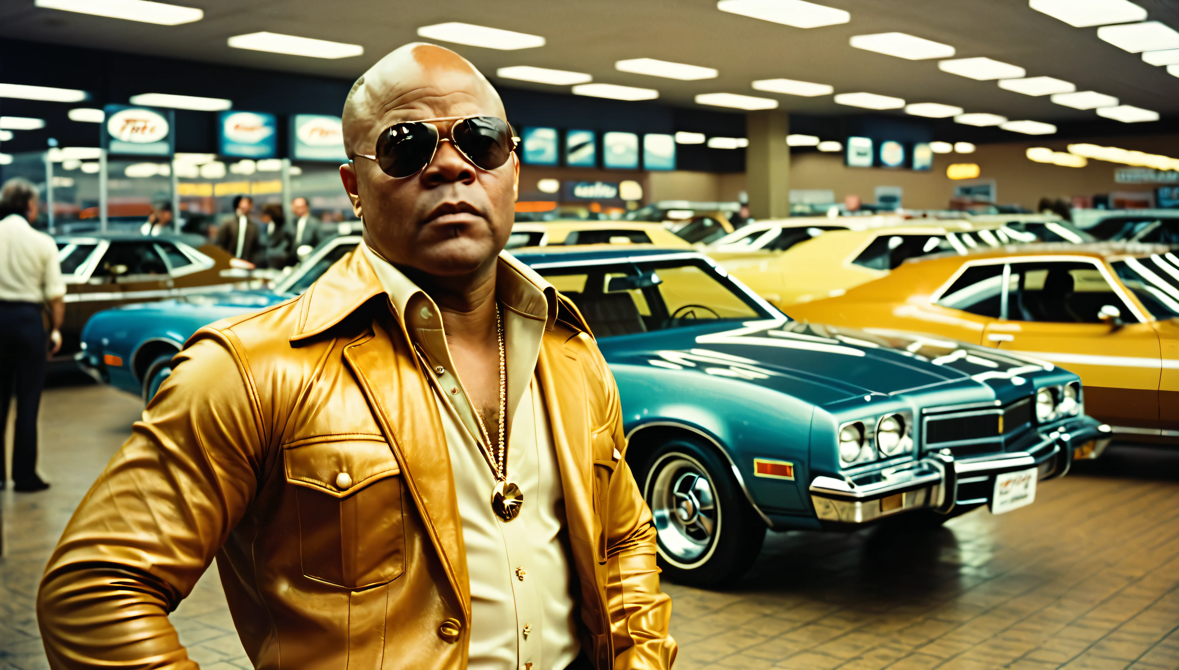 1970s photo of "Too Short" wearing 1970s attire, he is at a car dealership, cinematic action, atmospheric perspective, textured skin, super detail,