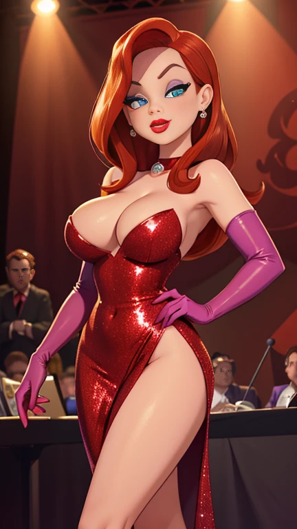 Masterpiece, hd, full detailed, jessica rabbit, sideless red dress, (glitter dress), purple sleeve gloves, dark orange hair, detailed eyes, perfect eyes, green eyes, pink eye make up, red lipstick, cleavage, seductive look, seductive pose, looking at viewer, cameltoe, on stage