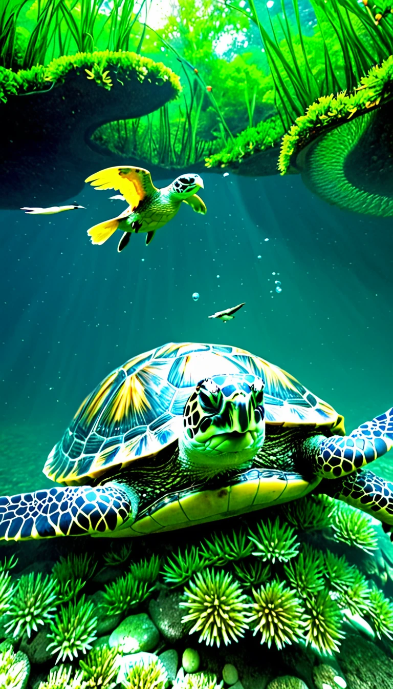 There are many magical turtles living at the bottom of the river,Turtle-like body,But with a bird's head and a snake's tail,Mysterious Creatures, shrike, (best quality,4K,8K,High level,masterpiece:1.2),Ultra Detailed,(lifelike,Photo real,Photo real:1.37),Highly detailed animals,Complex patterns,Dramatic lighting,Fantasy Creatures
