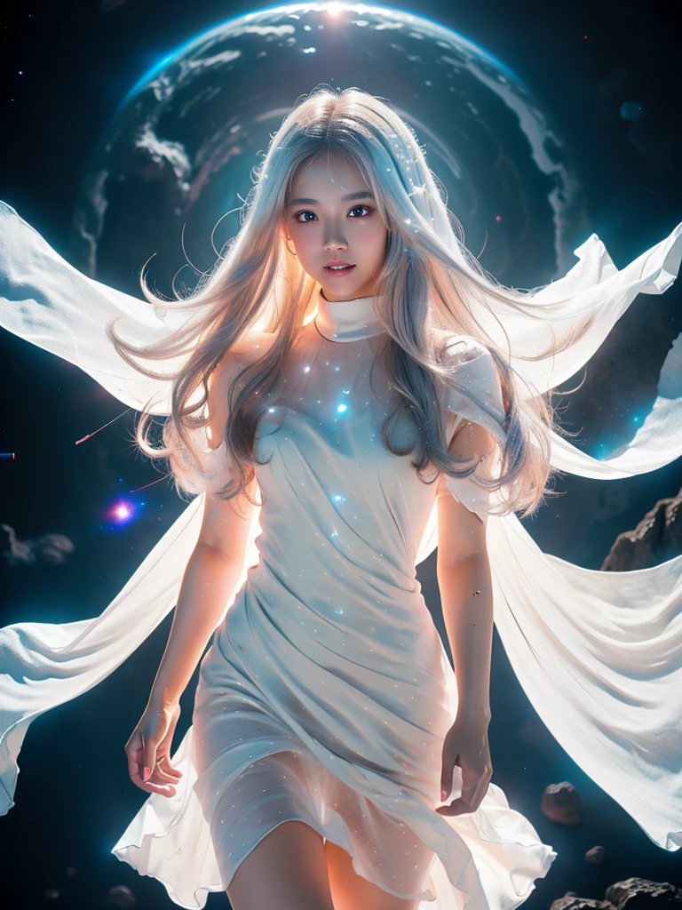 4K Ultra HD, masterpiece, A girl with a magical aura, Nice face, Long Hair, Shiny Hair, Fine grain, Glossy lips, Nude 1.5, Aura around the body, Magical Effects, Spreading white light, Cosmic elements and ethereal atmosphere, A mix of bright lights and colorful nebulae, Space Background,, Full Body Capture.(((Whitening 1.5)))、Silver Hair、(((Wearing white cloth 1.5)))、Hair and fabric fluttering in the wind、、Full Body Shot、Open your mouth、(((1.5)))、