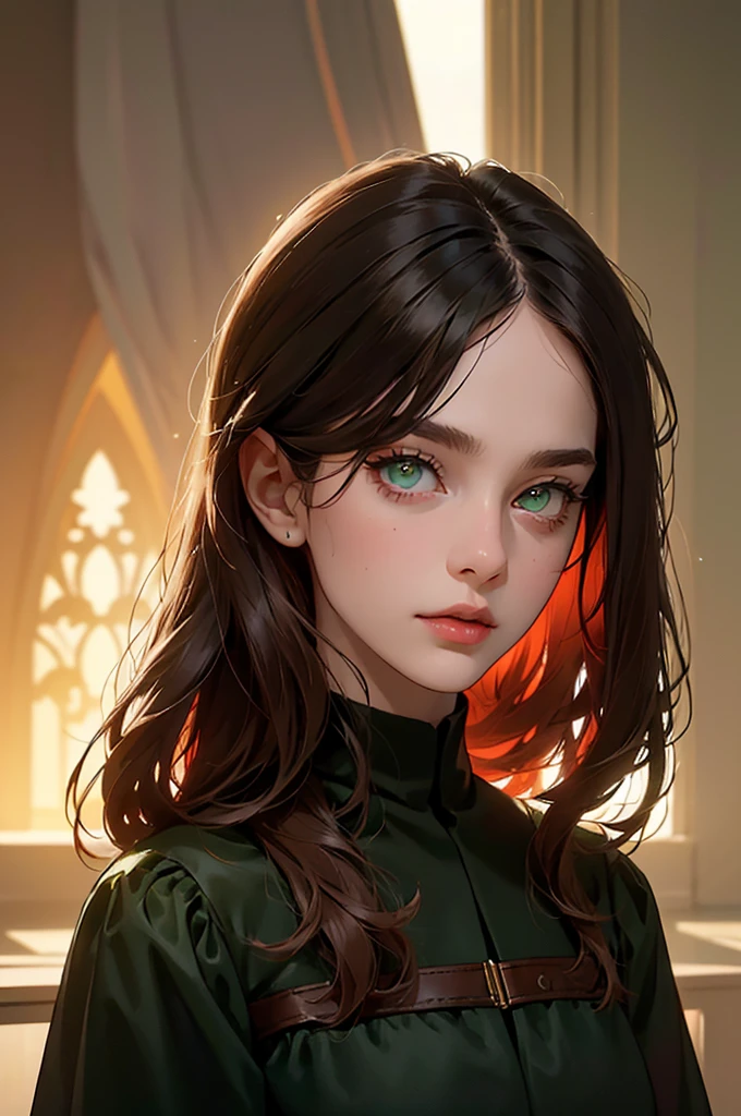 ((masterpiece:1.2, Best quality)), 4k, adult, European face, 1 person, female, Beautiful, small, dark casual wear, White skin, dark hair, green eyes s, portrait, sunset, woman, adult woman, feminne, red lipsrick
