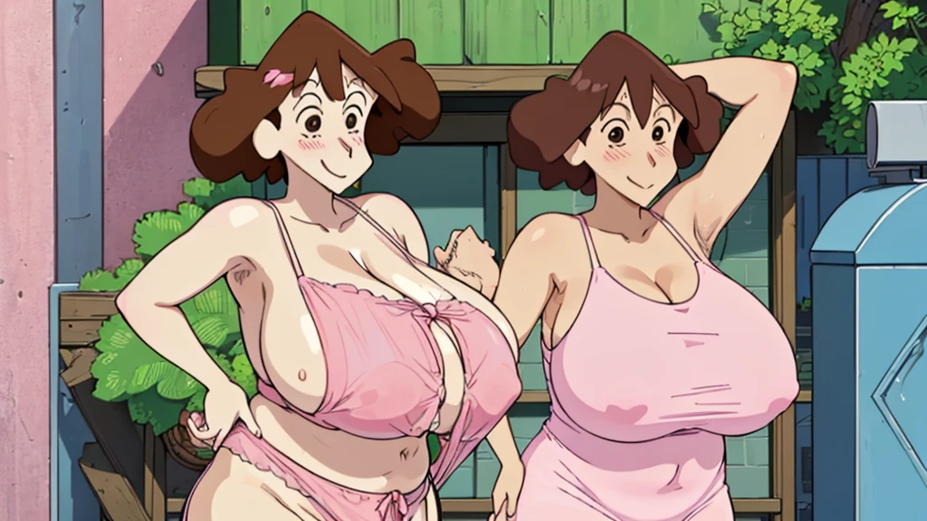 Misae Nohara, (Auntie:1.5), (Mature Woman:1.5), (absurderes, 8K, 4K, masutepiece, hyper extreme detailed:1.2), Best Quality, Perfect Anatomy,Perfect face,High humidity, (Huge breasts:1.7), (A sheer pink nightgown:1.4), (Wet:1.2), (.Alley:1.3), Graffitied wall, Garbage can, Scattered trash, (One Woman:1.5), (Brown eyes:1.2), (Clothing is revealing:1.2), Exposed shoulders, Torn clothes, Are pregnant, Firm breasts, Upturned nipples, Showing cleavage, Mole on chest, (Thick armpit hair:1.4), (blush:1.2), A kind smile, relief, peace of mind, (maternal:1.3), (Gentle look:1.5), Smiling face, (Outdoor:1.5), (Out:1.3)