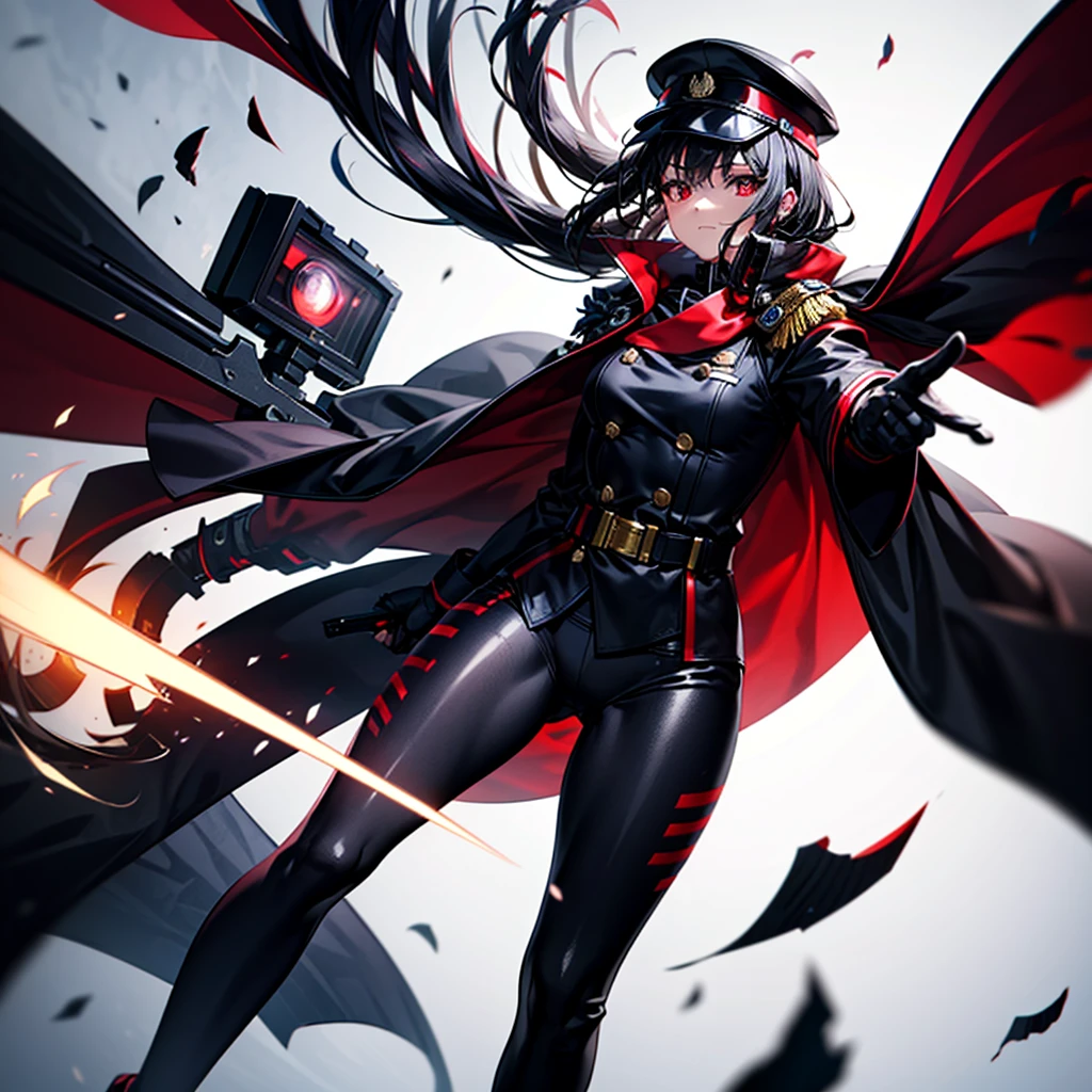 1girl、Dynamic composition、[17277fbe68]、(masterpiece, Highest quality), Super detailed, Anime Style, whole body, alone, cyberpunk soldier girl, Men wearing red and black military uniforms and hats, Fluttering Cape, Black hair and red eyes, Male Beauty, Holding a saber and a pistol, Wear long boots, Supernatural red and black flames, Karate fighting poses, Standing in the wasteland, Digital Painting, 8K high resolution, Art Station Trends, White Background, whole body,